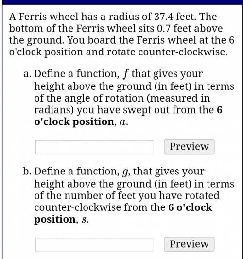 A Ferris wheel has a radius of 37.4 feet. The bottom of the Ferris wheel sits 0.7 feet above the gr