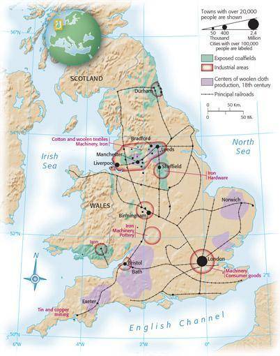 The development of industrial cities like those shown on the map were in part a result of which of