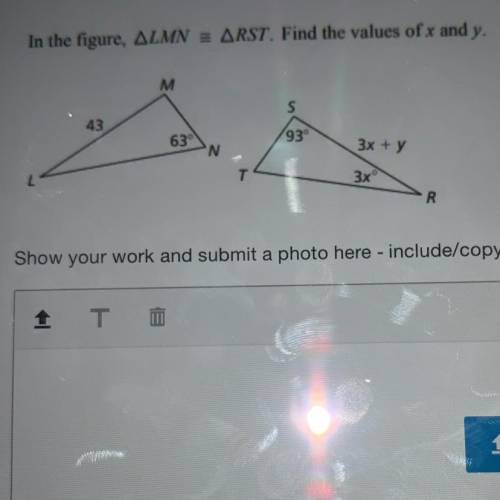 Find the values of x and y, and if you can show your work please! the triangles are congruent.