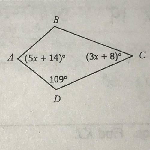 Solve for x. 
A = (5x+14)° 
B = (3x +8)°