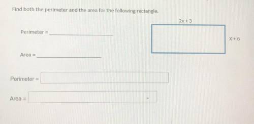 (Help please) Find both the perimeter and the area of the following rectangle

2x+3
X+6
Perimeter: