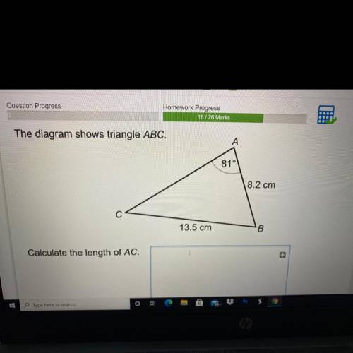 The diagram shows triangle ABC. Calculate the length of AC