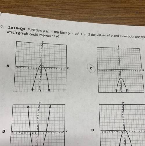 Function p is in the form y= ax^2 + c. Of the values of a and c are both less that’s 0 which graph