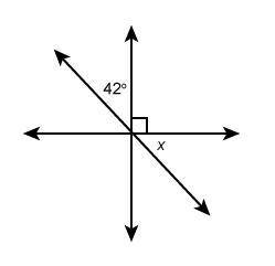 What is the measure of angle x?

Question 4 options:
x = 42°
x = 90°
x = 48°