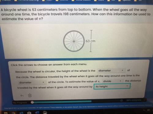 A bicycle wheel is 63 cm from top to bottom. When the wheel goes all the way around one time, the b