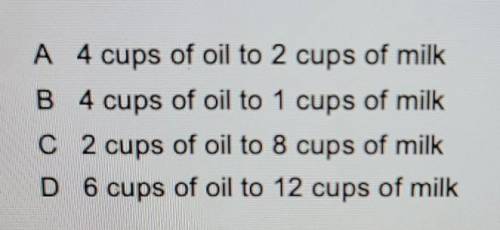 6. Alyssa is making a recipe that requires 2 cup of oil and 4 cups of milk. Which of the following