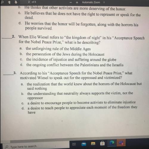 2. When Elie Wiesel refers to the kingdom of night” in his “Acceptance Speech

for the Nobel Peace