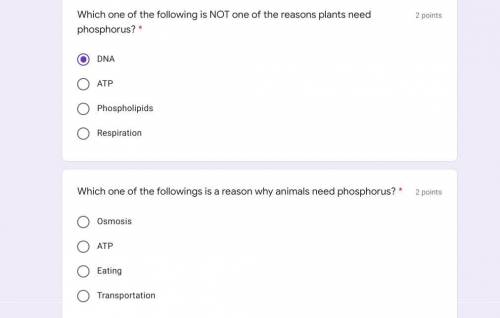 Which one of the following is NOT one of the reasons plants need phosphorus?

And
Which one of the