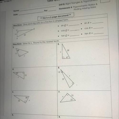 Unit 8 homework 4 Trigonometry: Ratios & Finding Missing Sides