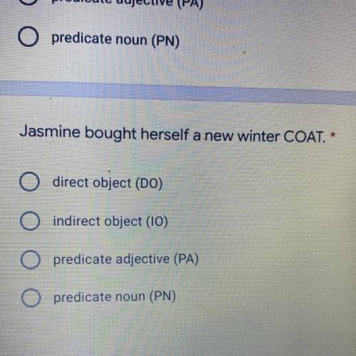 Jasmine bought herself a new winter COAT. *

direct object (DO)
indirect object (10)
predicate adj