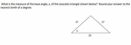 what is the measure of the base angle,x, of the isosceles triangle shown below? round your answer t