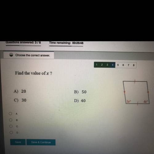 Find the value of x 
20, 30,40 or 50