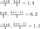 \frac{-4+6}{2} , \frac{3+2}{2} =1,4\\\\\frac{6+6}{2} ,\frac{5+(-1)}{2} =6,2\\\\\frac{-4+6}{2} ,\frac{3+(-1)}{2} =1,1