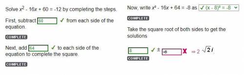 Solve x2 - 16x + 60 = -12 by completing the steps.