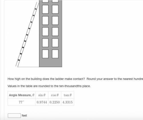 I need this answer ASAP! Please help!

 
A ladder is leaning against a building. The ladder forms a