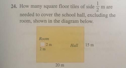How many square floor tiles of side 1/2m are needed to cover the school hall, excluding the room, s