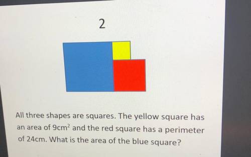 All three shapes are squares.the yellow square has an area of 9cm2 and the red square has a perimet
