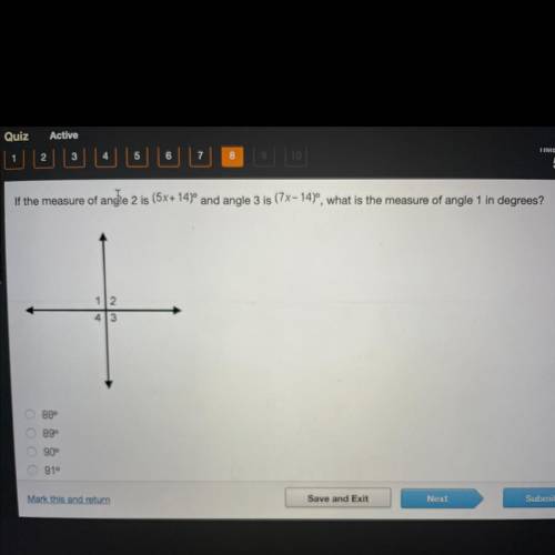 If the measure of angle 2 is (5x+14)and angle 3 is (7x- 14), what is the measure of angle 1 in deg