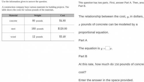 The relationship between the cost, y, in dollars, of x pounds of concrete can be modeled by a propo