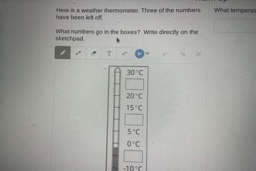 Here is a weather thermometer. Three of the numbers have been left off. What numbers go in the boxe