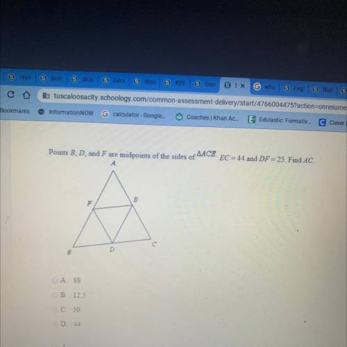 Points b d and f are midpoints of ten sides of ace ec=44 df=25 find ac