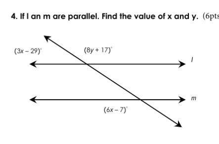 If l an m are parallel. Find the value of x and y