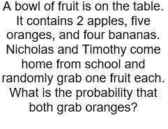 A bow of fruit is on the table. It contains 2 apples, five oranges, and four bananas. Nicholas and
