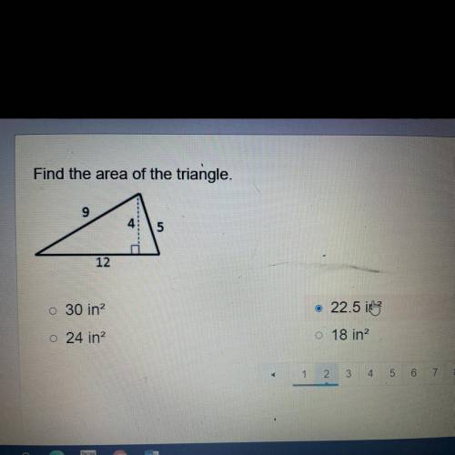Find the area of the triangle.

ол
12
o 30 in
O
22.5 in2
o 24 in?
shiny 18 in?