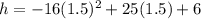 h= -16(1.5)^2+25(1.5)+6