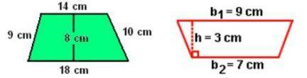 Find the area of both of these trapeziods using the formula (b1 + b2) • h ÷ 2.

Calculate the diff