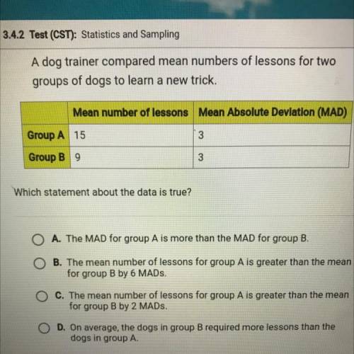 A dog trainer compared mean numbers of lessons for two

groups of dogs to learn a new trick.
Mean