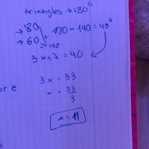 Find the value of x.
SO
3x + 7
3xt7H60t60=180
3x+ 147=180
- 147
(