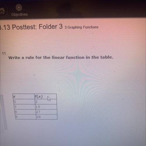 11.

Write a rule for the linear function in the table.
06
Xolma
f)
3
15
27
39