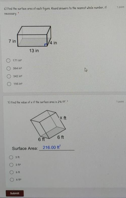 7) Find the value of x if the surface are is 216ft ​