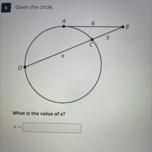 8
Given the circle,
A
6
B
3
Х
D
What is the value of x?