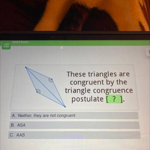 These triangles are

congruent by the
triangle congruence
postulate [? ]
A. Neither, they are not