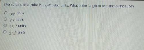 The volume of a cube is 2727 cubic units. What is the length of one side of the cube? 33 units O 3