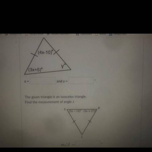 1. Find the measurement of angle J.
2. (5x - 13) (3x + 17)