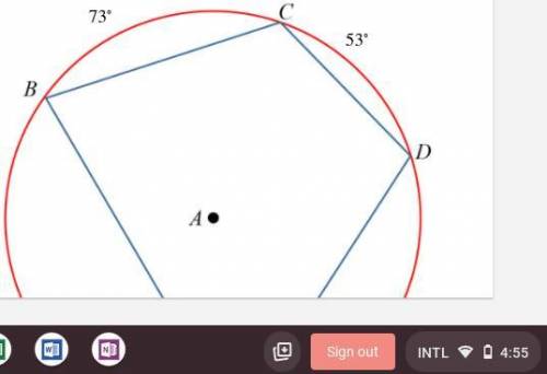 Quadrilateral BCDE is inscribed in circle A. The measure of ⏜ is 73°. The measure of ⏜ is 53° and t