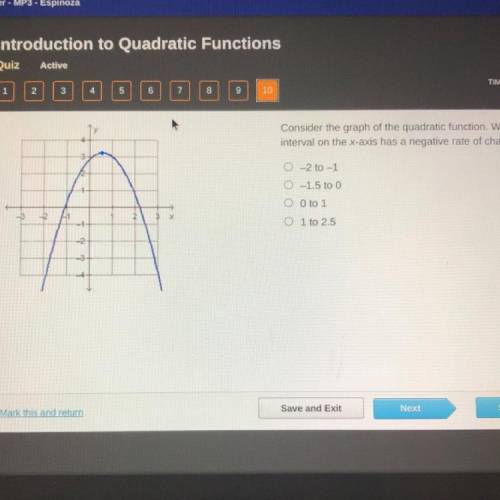 Consider the graph of the quadratic function. Which

interval on the x-axis has a negative rate of