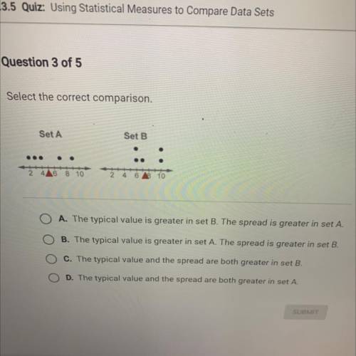 Select the correct comparison.

A. The typical value is greater in set B. The spread is greater in