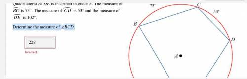 Quadrilateral BCDE is inscribed in circle A. The measure of ⏜ is 73°. The measure of ⏜ is 53° and t