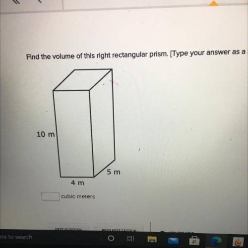 Find the volume of this right rectangular prism. Type your answer as a number.)

10 m
5 m
4 m
cubi