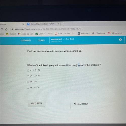 RICH

Find two consecutive odd integers whose sum is 36.
Which of the following equations could be