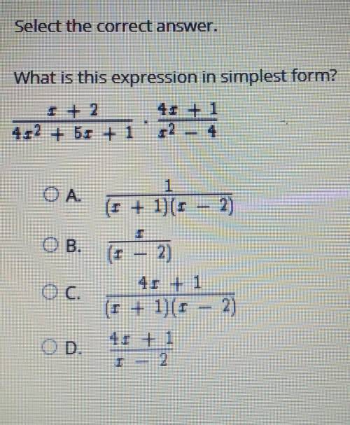 What is this expression in simplest form? x+2/4x^2 +5x+1 × 4x+1/x^2-4​