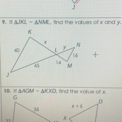 9. If AJKL - ANML, find the values of x and y.