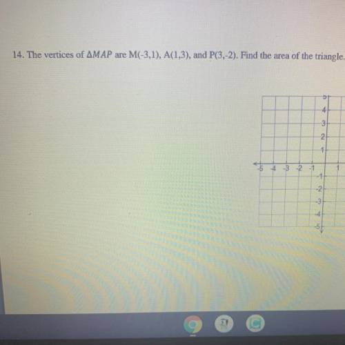 The Vertices of MAP are M(-3,1) A(1,3) and P(3,-2). Find the area of the triangle HELPPP PLEASEE