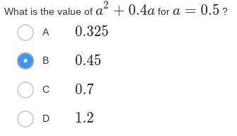 What is the value of a2+0.4a for a=0.5?