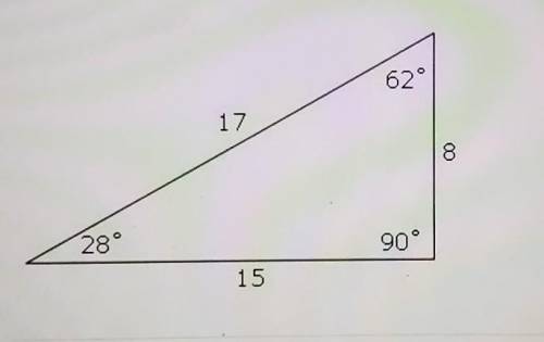 According to this diagram, what is cos 28°? 62° 17 8 28° 90° 15 O A. 17 15 O B. 8 17 O c. 15 17 O D