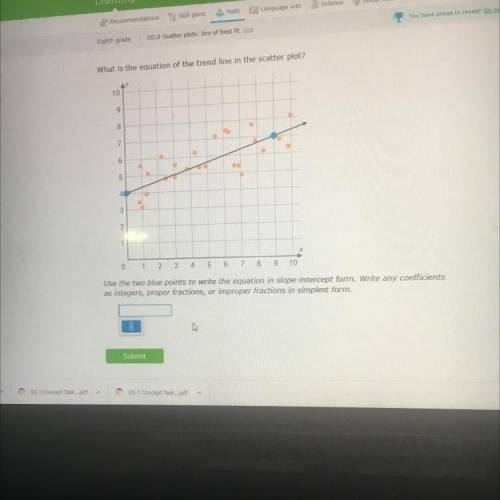 What is the equation of the trend line in the scatter plot?

Someone pls help I will pay if you ge